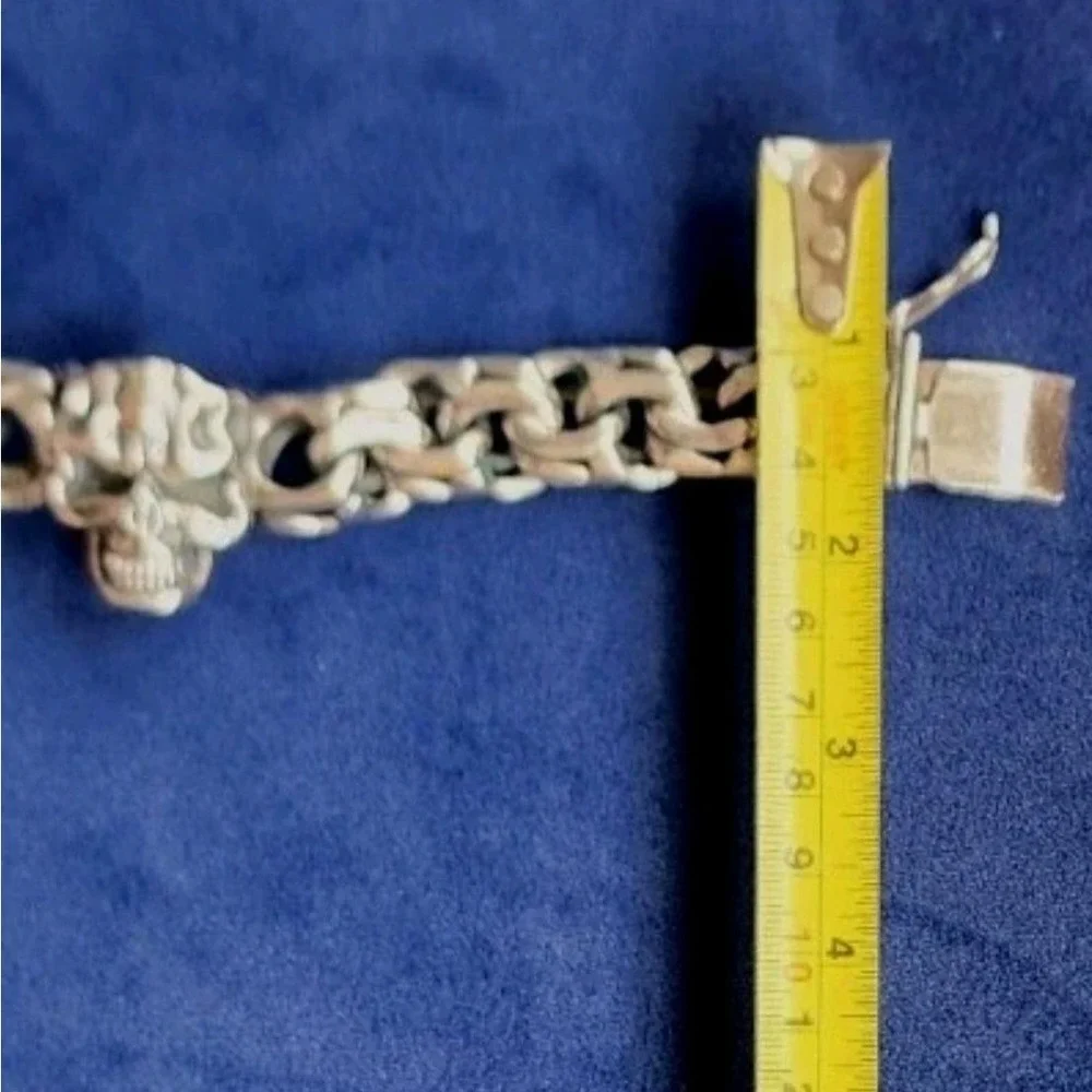 Silver 925 Skull Link Bracelet Mens Gothic Biker Heavy Chain 9 Inch